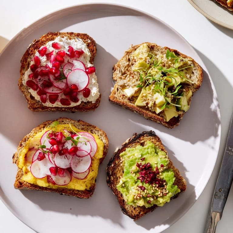 Delicious Bright & Bold Breakfast Toasts with creamy ube and crunchy radishes on top.