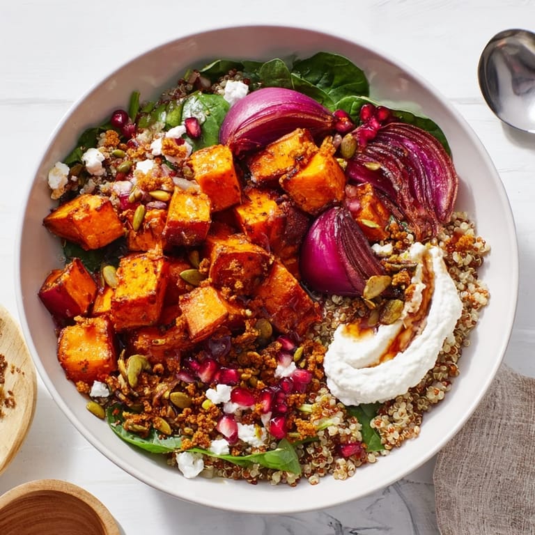Roasted winter vegetables and ube-coconut purée in colorful, healthy bowls.  