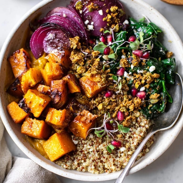 Delicious spiced winter bowls topped with pistachio-maple crumble and fresh greens.
