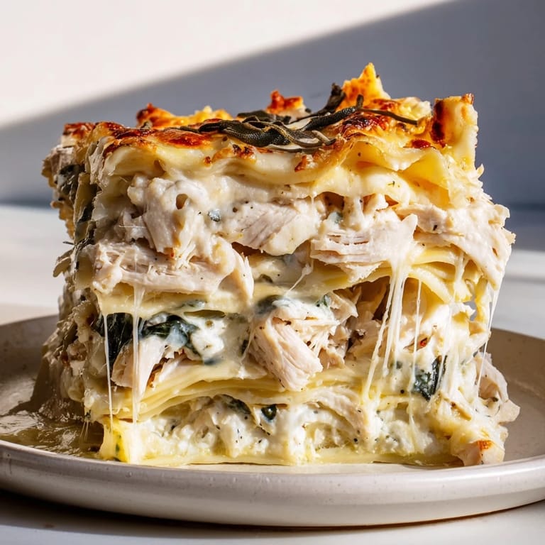 Comforting rosemary chicken lasagna, bubbling cheese, and fresh herbs create a delightful dish.  
