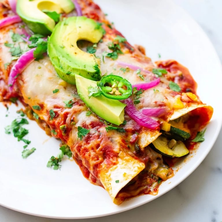 Warm, cheesy Farmers Market Vegetarian Enchiladas served with avocado and lime wedges.  