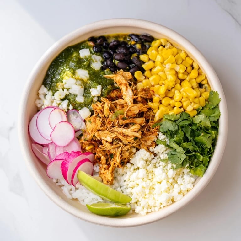 Satisfying green enchiladas rice bowl features zesty sauce and colorful toppings.  