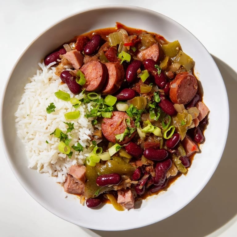 Savory Red Beans & Rice, a comforting meal garnished with spicy hot sauce and herbs.
