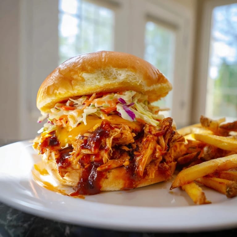 Delicious BBQ Chicken Sliders topped with coleslaw and paired with crispy fries.  