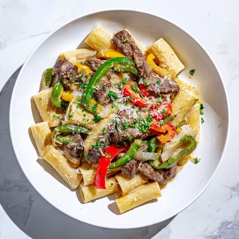 Delicious Philly Cheese Steak Pasta, featuring tender beef and vibrant peppers in a rich sauce.  