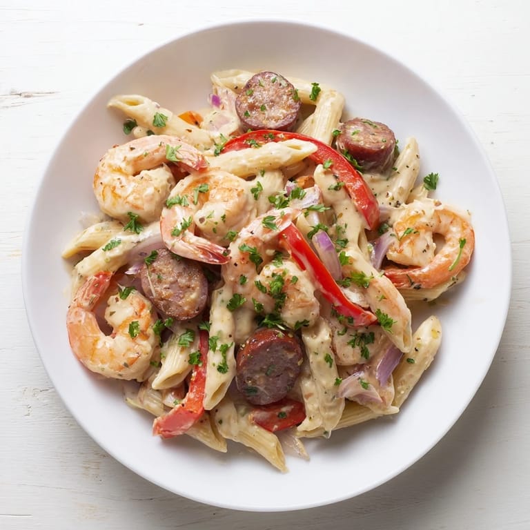 A steaming skillet of Cajun Sausage & Shrimp Alfredo Pasta, garnished with fresh parsley and ready to serve.