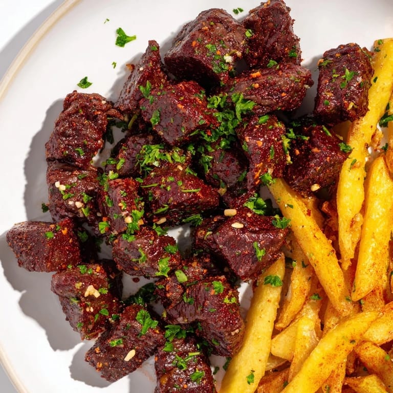 Perfectly seared Cajun steak bites, savory and juicy, combined with seasoned, perfectly cooked fries.