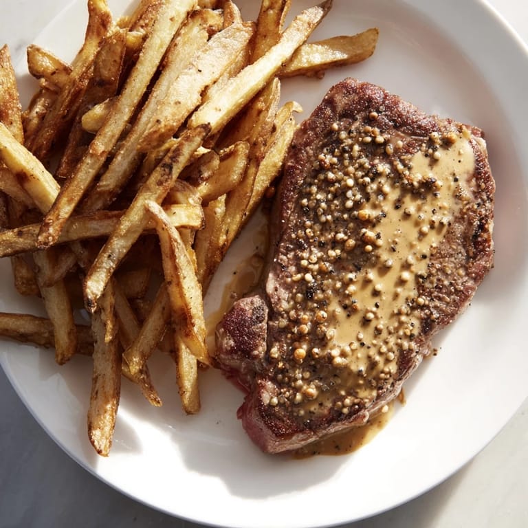Seared Classic Peppercorn Ribeye, glistening and flavorful, contrasted with crispy, golden French fries.