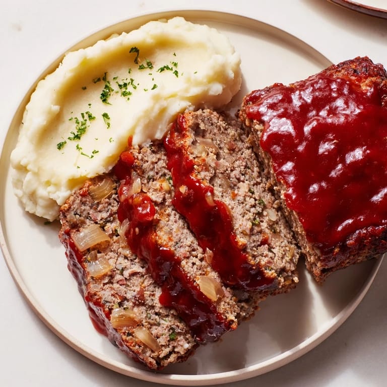 This picture showcases a delicious classic meatloaf, served hot, alongside fluffy, buttery mashed potatoes.