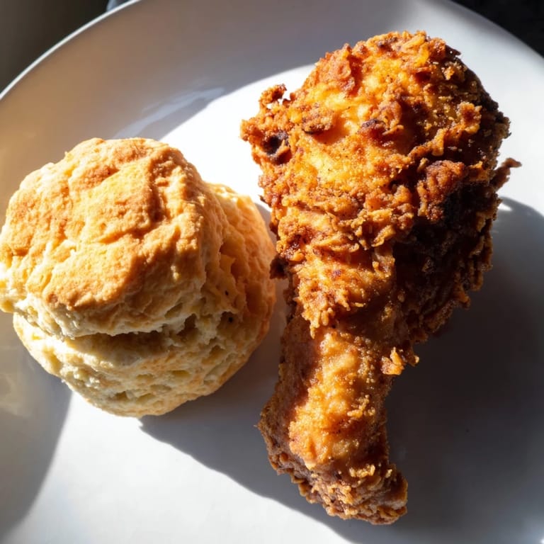 Crispy, seasoned Southern Fried Chicken next to warm, fresh buttermilk biscuits, ready for a delicious bite.