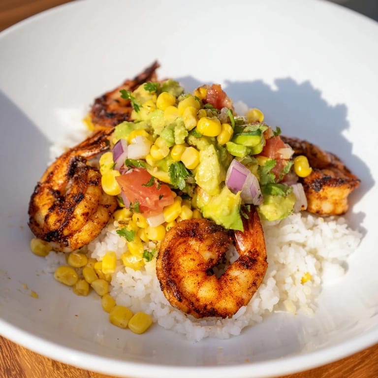 Close-up of Easy Grilled Shrimp Bowl with juicy grilled shrimp, colorful salsa, and fluffy rice.