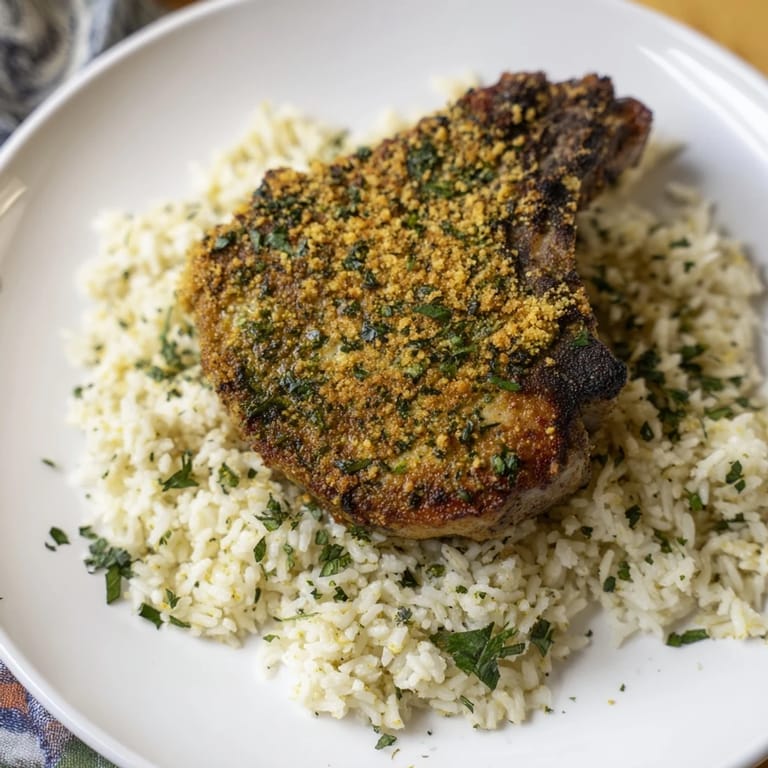 Imagine tender, juicy Parmesan Herb Pork Chops next to seasoned rice, a delicious comfort food recipe.