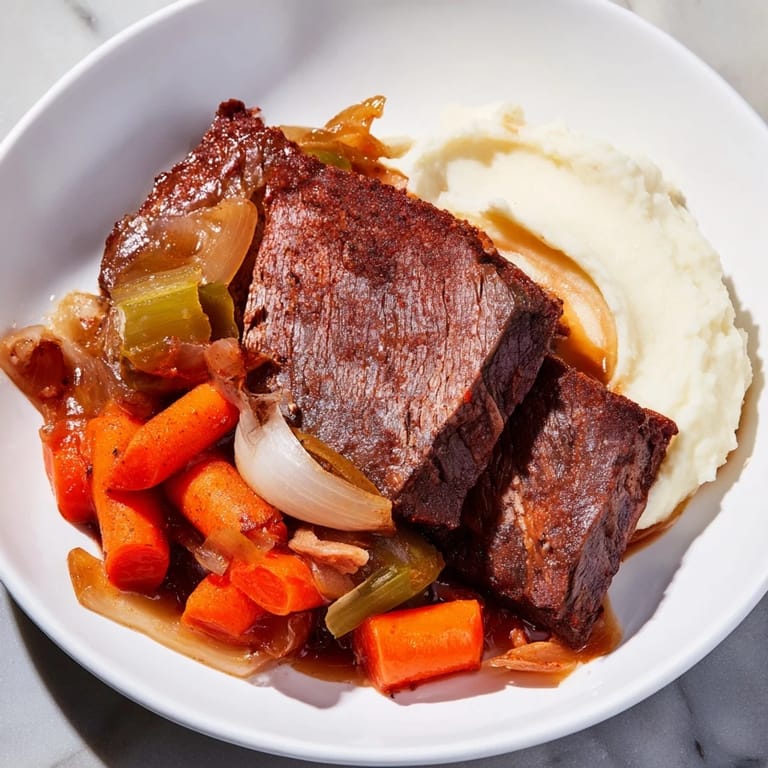 A close-up reveals fork-tender classic brisket, its juices pooling next to a pile of sweet potatoes.
