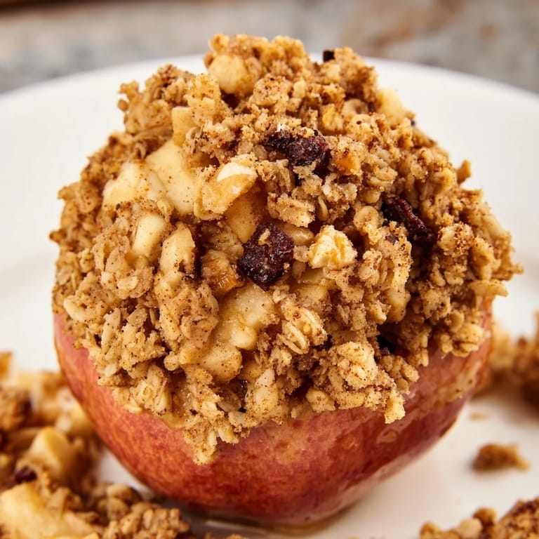 Sweet baked apples with a crunchy oat-nut crumble topping, perfect for a cozy dessert on a cold evening.