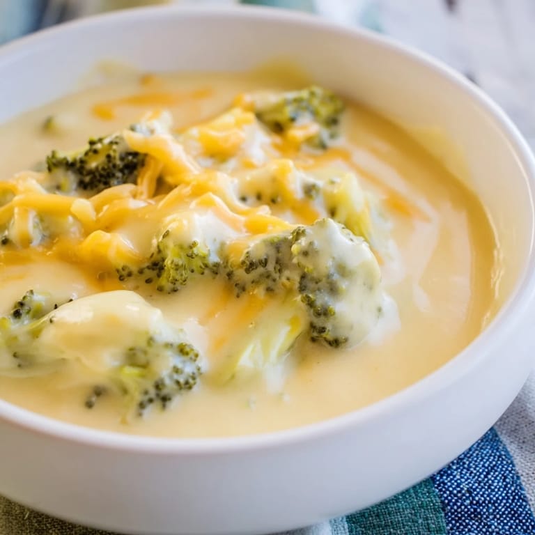 Homemade Broccoli Cheese Soup, chunky and vibrant, garnished with fresh cracked pepper.
