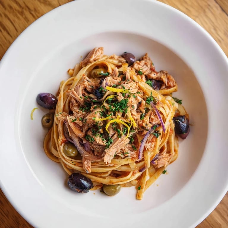 Enjoy this simple, yet flavorful Pasta with Tuna, Olives & Capers, a perfect pescatarian meal.