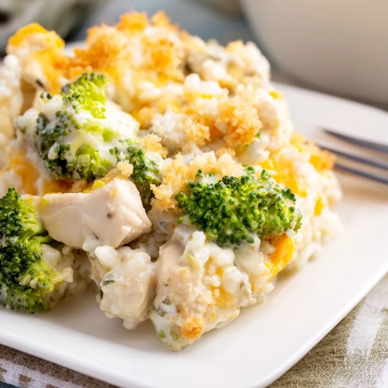 Close-up of baked Chicken & Broccoli Rice Casserole, showcasing the fluffy rice and broccoli florets.