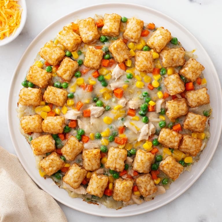 Hearty homemade Tater Tot Chicken Pot Pie with shredded chicken and a creamy vegetable filling, delicious!