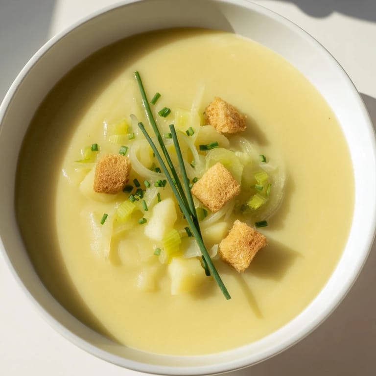 A close-up view of a velvety potato leek soup swirled with cream, perfect for a cozy dinner.