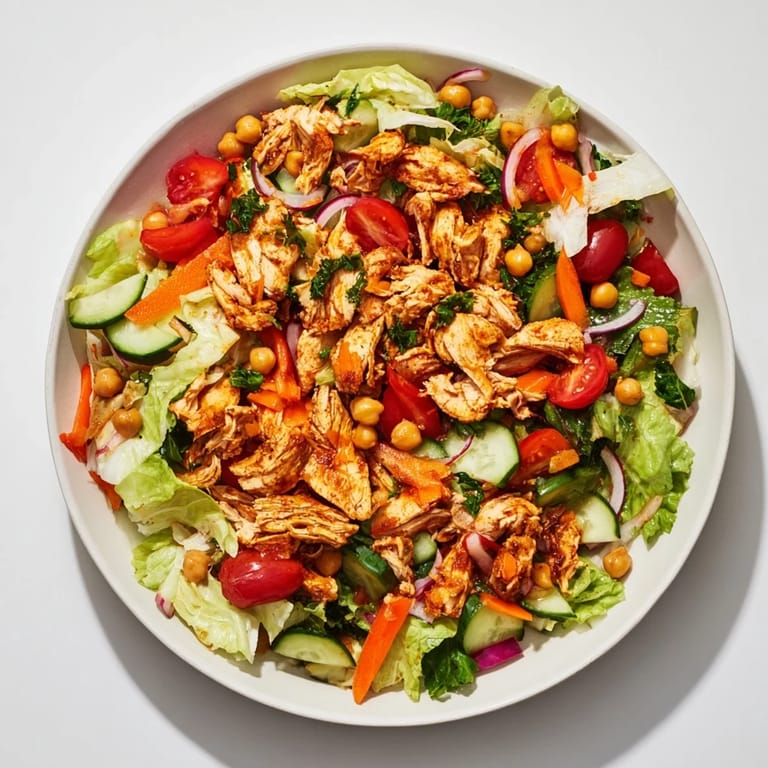 A colorful bowl of American chicken salad featuring crisp lettuce and juicy tomatoes.