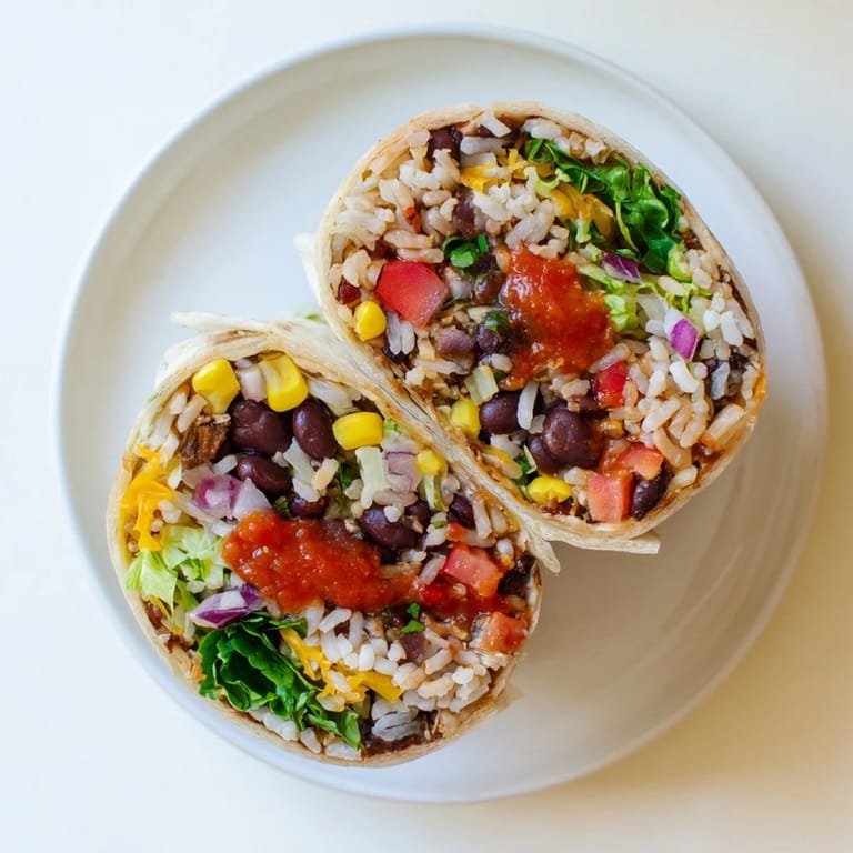 Enjoy a delicious Rice & Bean Burrito, tightly wrapped and ready for a satisfying, portable lunch.