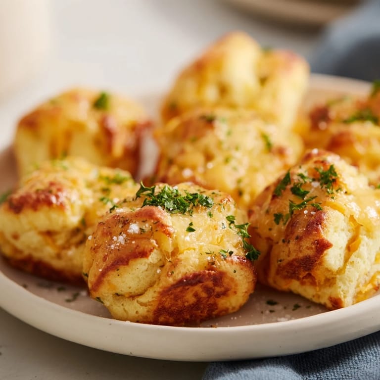 Close-up of fluffy, cheesy Mini Cheddar Bay Biscuit Pull-Aparts dusted with parsley and garlic butter.