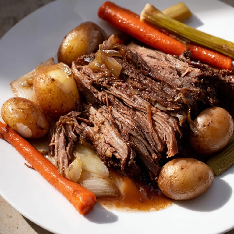 Aromatically spiced Pickle Brine Pot Roast browned to perfection, served with carrots, celery, and potatoes.
