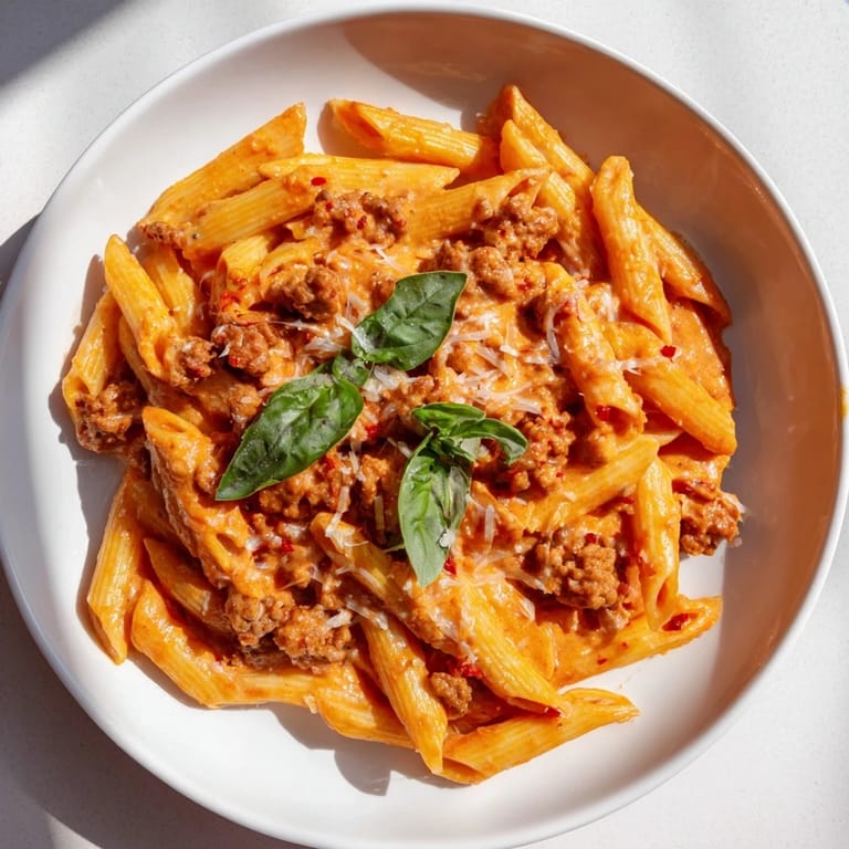 A close-up shot of the savory creamy tomato and sausage pasta, highlighting the tender penne and sausage.