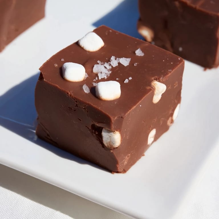 A photo of homemade Easy Marshmallow Fudge; rich chocolate studded with fluffy marshmallows, ready to eat.