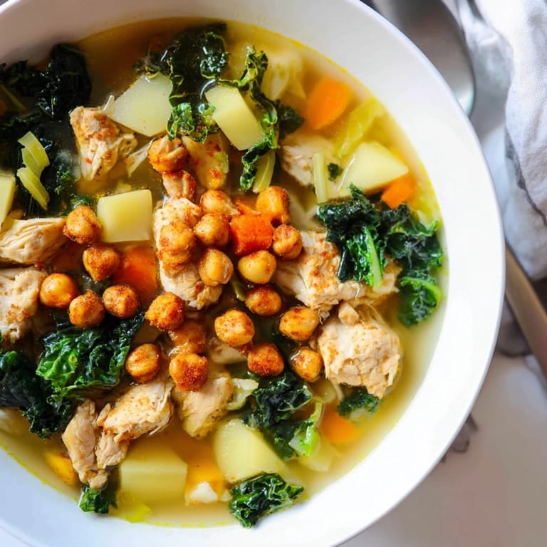 A steaming bowl showcasing delicious Chicken Kale Soup with golden chickpeas, perfect for a cozy dinner.