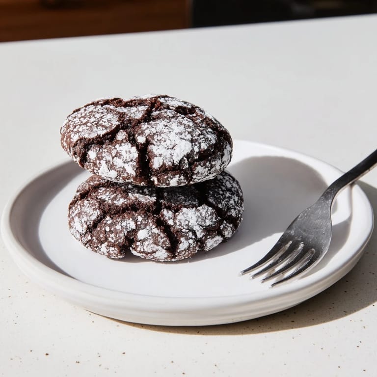 These chewy Chocolate Crinkle Cookies are pictured, coated in powdered sugar and ready to eat.
