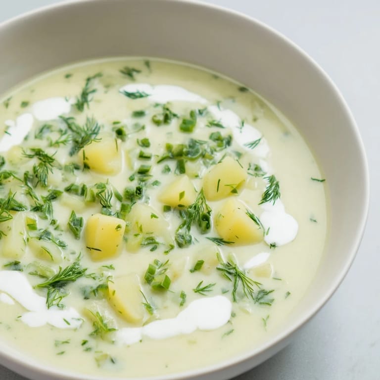 Close-up of creamy dill pickle soup, a vibrant, flavorful vegetarian soup garnished with fresh dill.