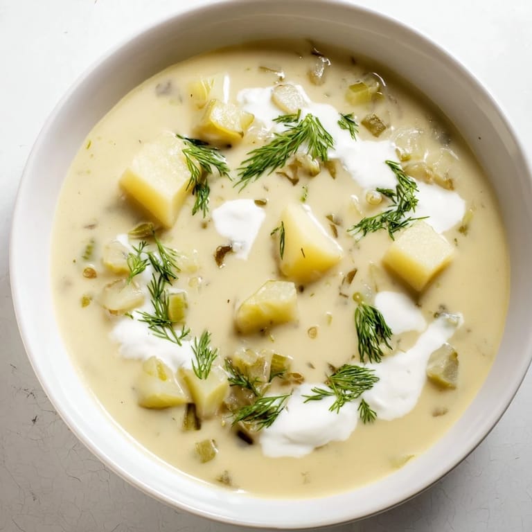 Savory creamy dill pickle soup served in a bowl, perfect for dipping crusty bread in its broth.