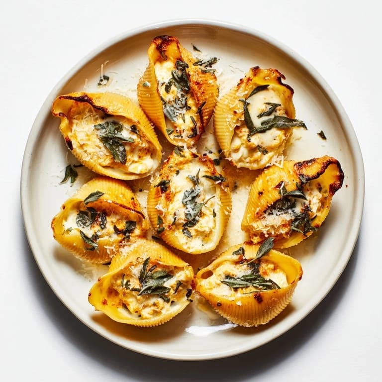 A close-up of creamy Pumpkin & Gouda Stuffed Shells, drizzled with brown butter sauce and sage.