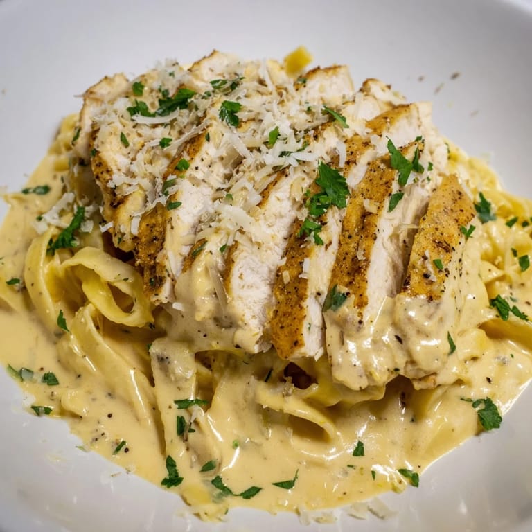 A delicious close-up showcases vibrant Cajun Chicken Alfredo Fettuccine pasta, a comforting American dish.