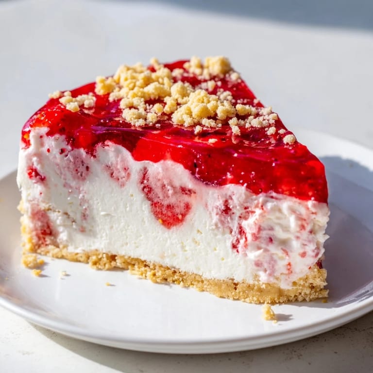 Magnificent close-up of a strawberry shortcake cheesecake displaying fresh strawberries and a golden crust.