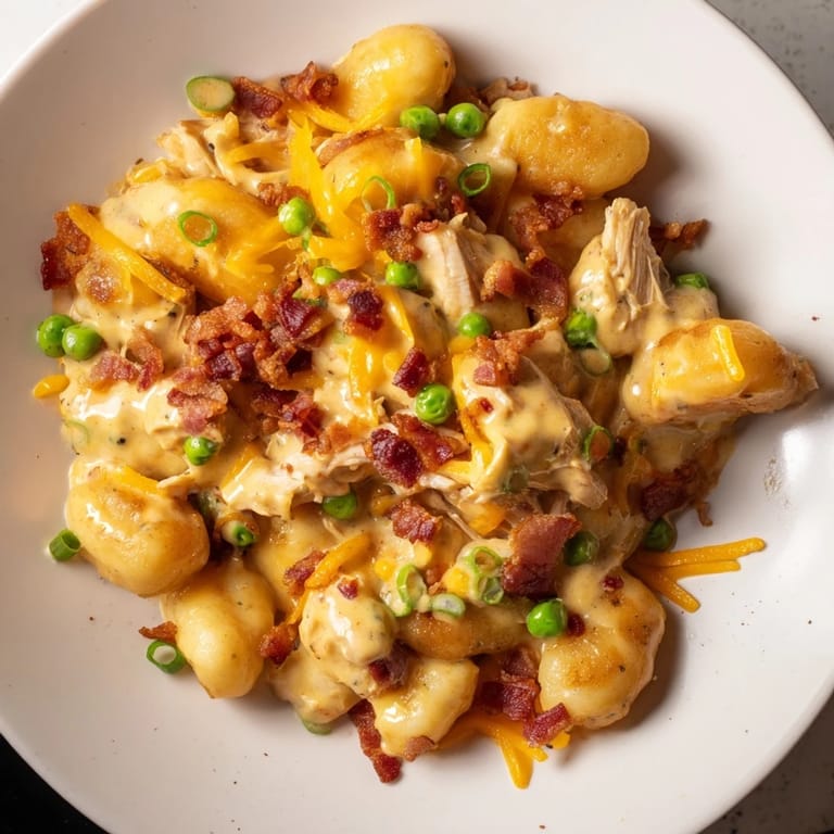 This creamy Crack Chicken Gnocchi showcases cooked chicken in a rich, flavorful sauce with green onion garnish.