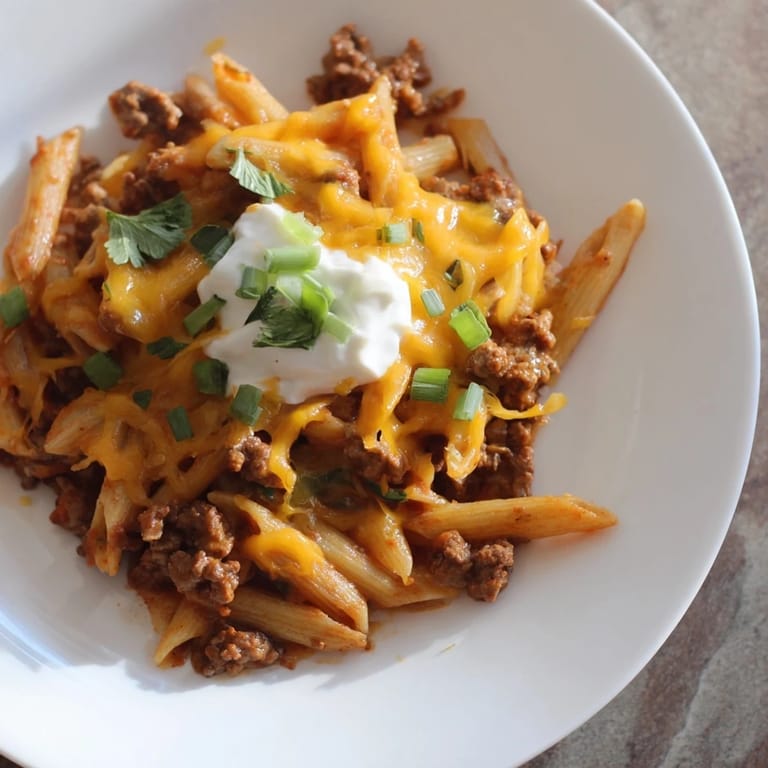 A steaming bowl of Easy Beef Enchilada Pasta, garnished with cilantro and sour cream.