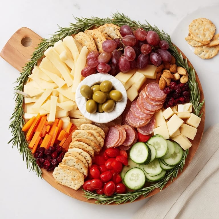 Arrangement of gourmet goods, showcasing a delicious Simplified Grazing Board Wreath with varied textures and colors.