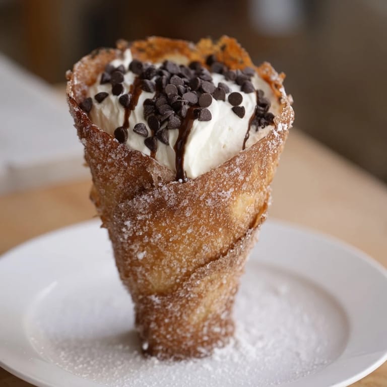 A close-up view of Quick Churro Cheesecake Cones, perfect for a party, featuring chocolate and caramel toppings.