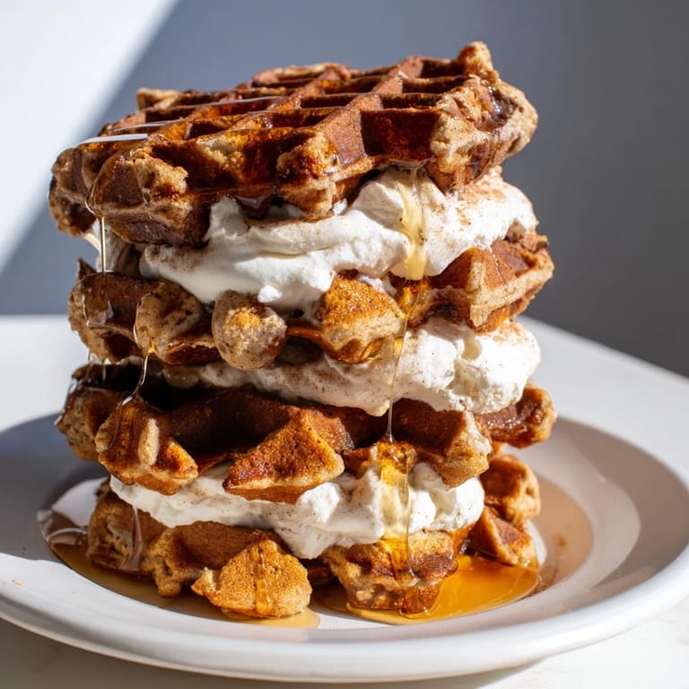 Homemade Express Gingerbread Waffle Stacks with a delightful spiced aroma, ideal for a holiday meal.