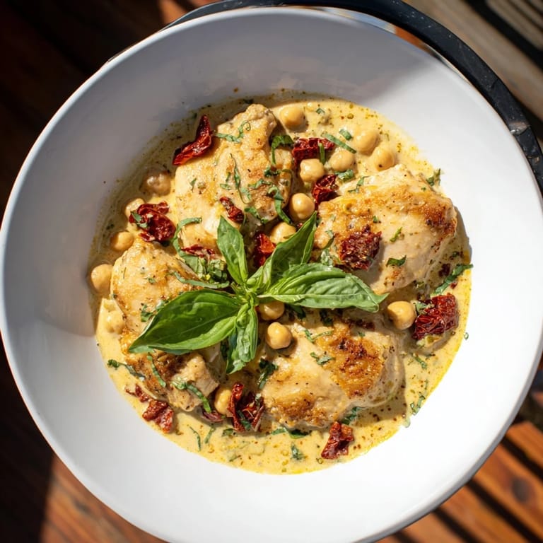 A steaming skillet of High-Protein Marry Me Chicken and Chickpeas, featuring golden-brown chicken and savory sauce.