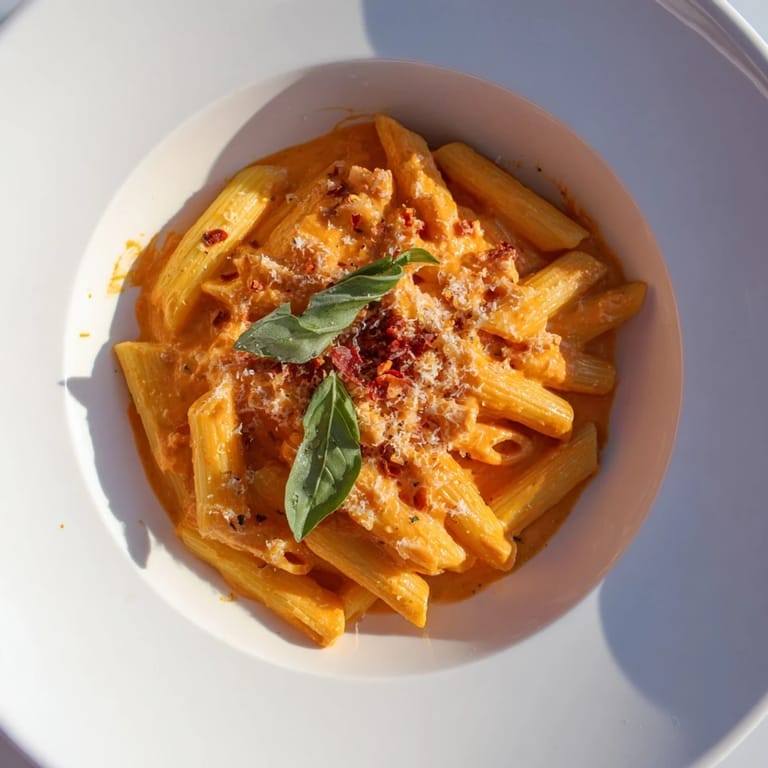 A close-up of the delicious 15-Minute Creamy Red Pepper Pasta, perfect for a busy weeknight meal.