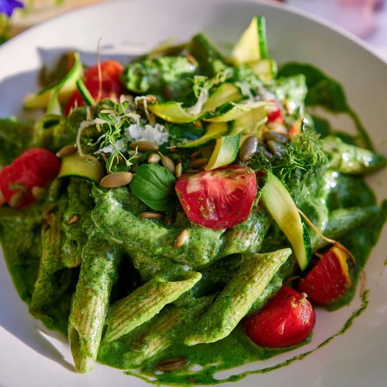 This quick Vegan Green Goddess Pasta made with spinach, features a bright green sauce tossed with pasta for a flavorful meal.