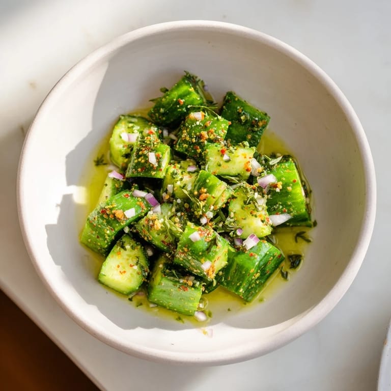 Bright summertime image of Simple Cucumber and Dill Chopped Salad ready to enjoy on a warm day.