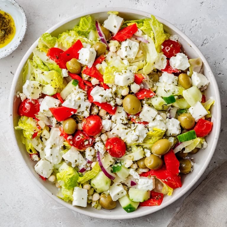 Enjoy a refreshing bite of La Scala Chopped Chickpea Salad, piled high with cheese and drizzled dressing.