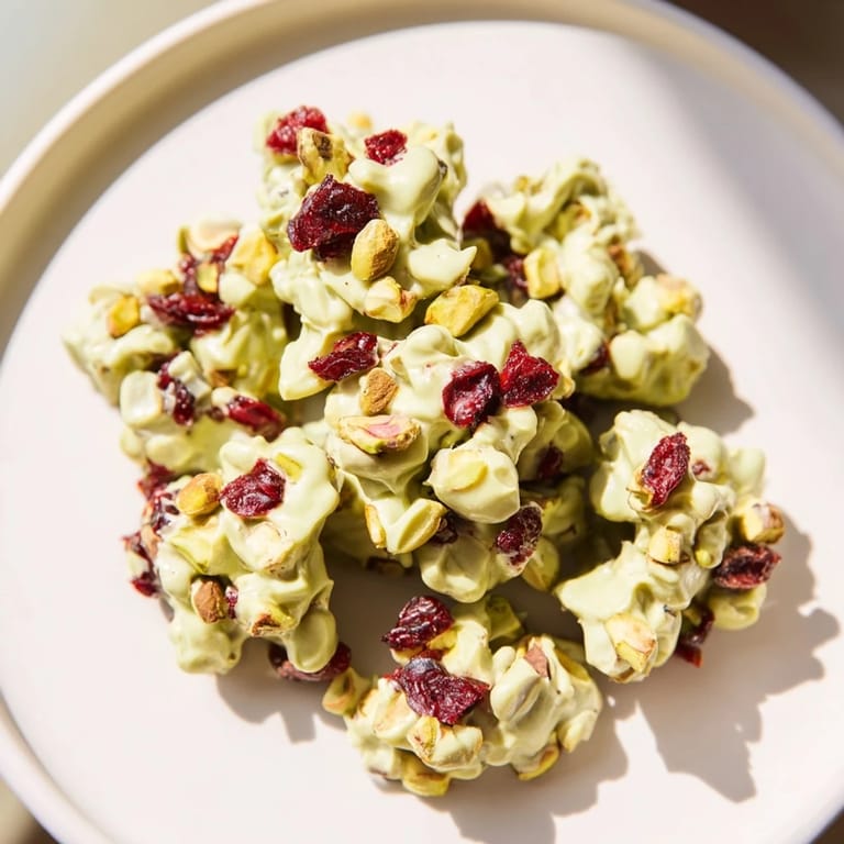 Close-up of Matcha White Chocolate Cranberry Bark Clusters, showing the creamy texture and sweet, green layers.