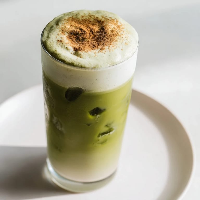 This Cinnamon Roll Iced Matcha shows frothy protein foam atop a green tea and milk blend.