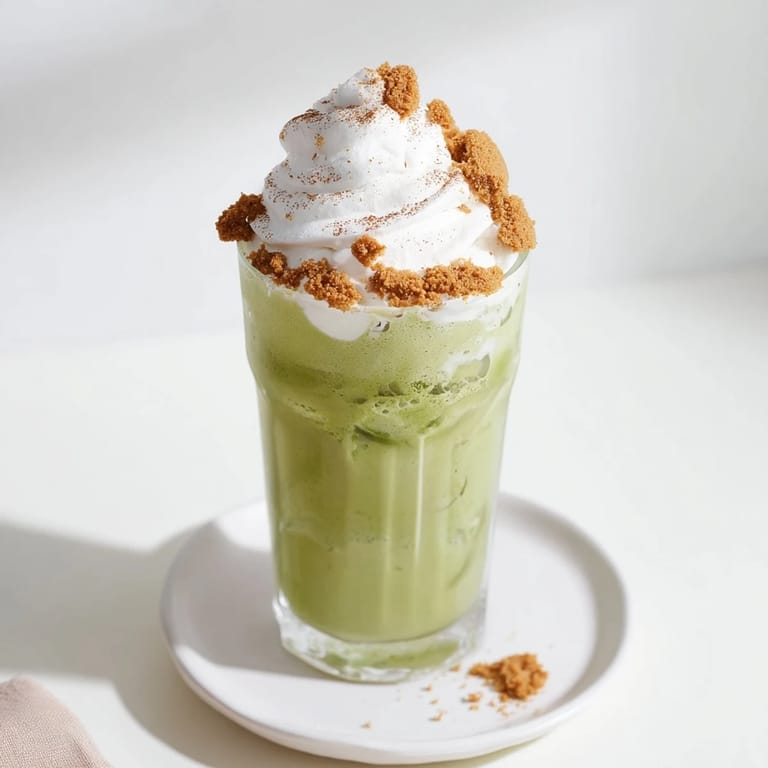 Frothy Sugar-Free Gingerbread Cookie Matcha Frappe, a refreshing, spiced beverage perfect for the holidays.