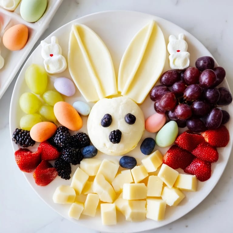 A close-up view of the Bunny Ears Easter Board showcases fresh berries and creamy cheeses arranged beautifully.